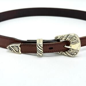 Nocona Brown Leather Western Belt 30 Ornate Silver Buckle Metal Tipped Cowgirl